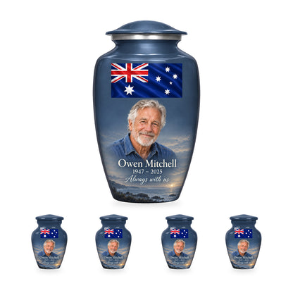 One slate blue adult Australian flag urn with four matching ringless keepsakes, showing the 10-inch and 3-inch sizes together.
