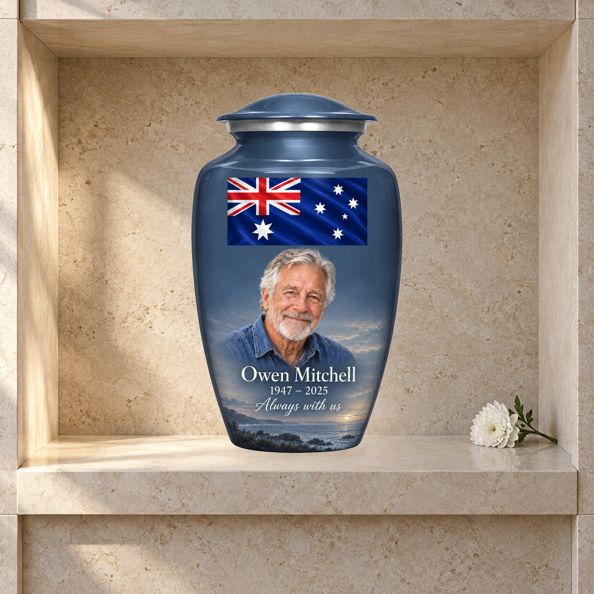 Slate Blue adult Slate Coastal Tribute Australian flag urn in a columbarium display; decorative props are not included.