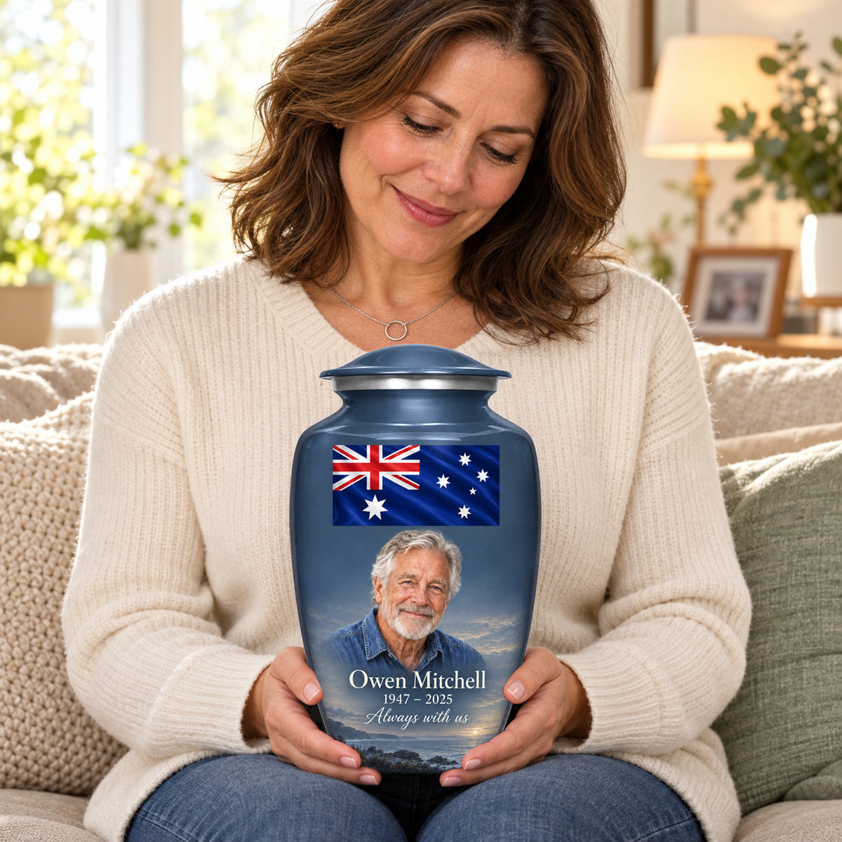 Seated person holding the slate blue adult Slate Coastal Tribute Australian flag urn on their lap.
