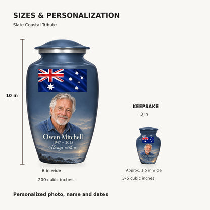 Size guide: adult 10 inches high, 6 inches at widest point, 200 cubic inches; keepsake 3 inches high, approximately 1.5 inches wide, 3–5 cubic inches.
