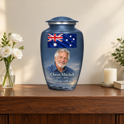 Slate Blue personalized Slate Coastal Tribute Australian flag adult urn on a memorial console; decorative props are not included.