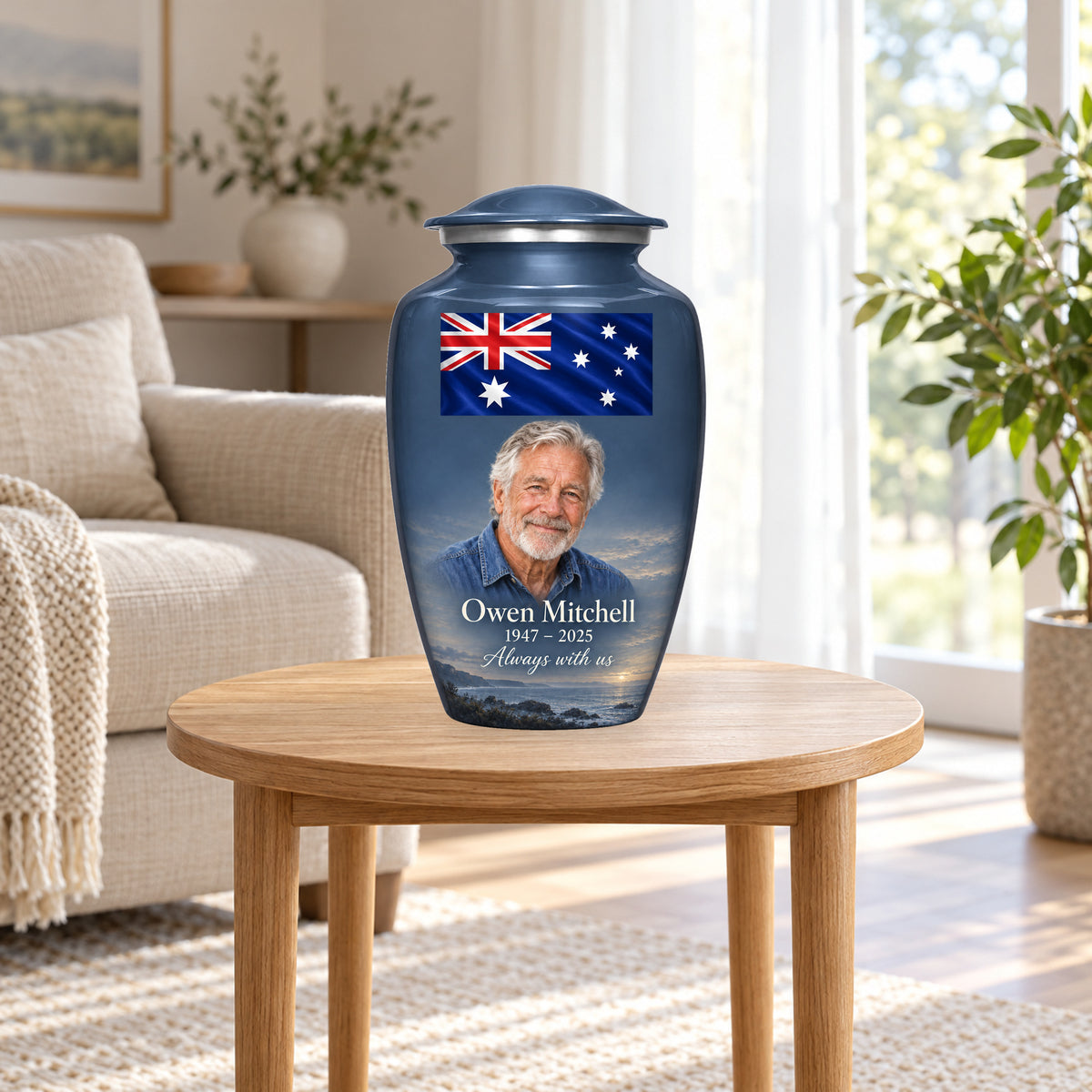 Slate Blue personalized Slate Coastal Tribute Australian flag adult urn in a home display; decorative props are not included.
