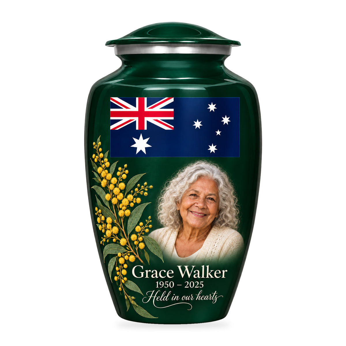Emerald Green adult Emerald Wattle Heritage urn with an upper Australian flag, golden wattle at lower left and a fictional portrait at lower center-right on white.