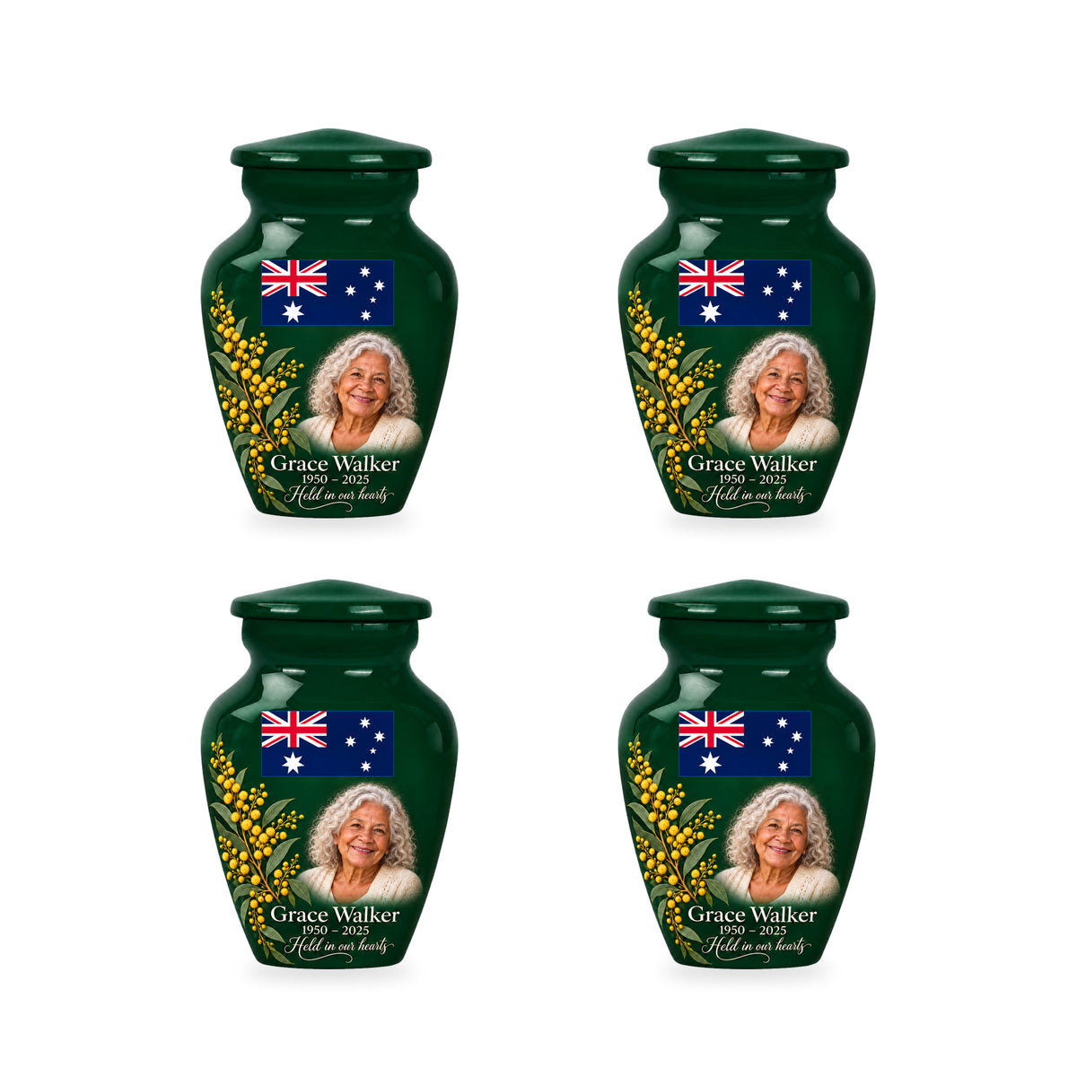 Four matching emerald green ringless keepsake urns with Australian flag artwork and fictional sample personalization.