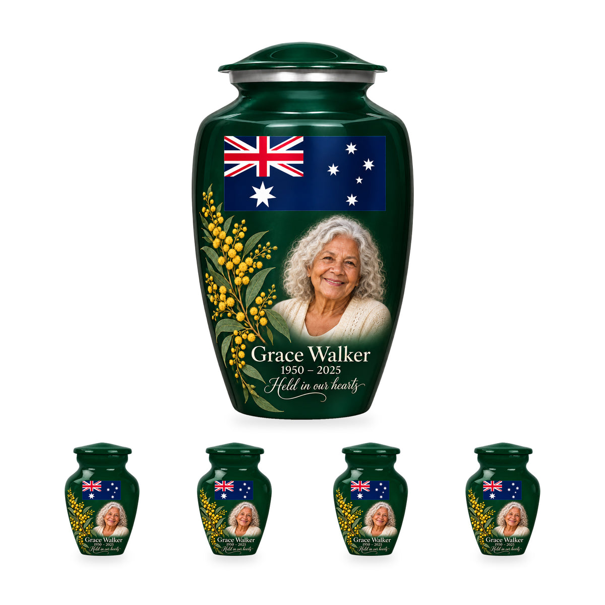 One emerald green adult Australian flag urn with four matching ringless keepsakes, showing the 10-inch and 3-inch sizes together.