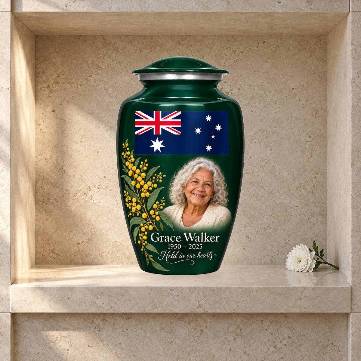 Emerald Green adult Emerald Wattle Heritage Australian flag urn in a columbarium display; decorative props are not included.