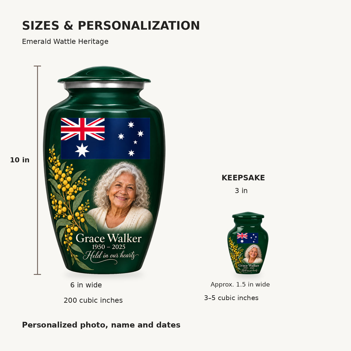 Size guide: adult 10 inches high, 6 inches at widest point, 200 cubic inches; keepsake 3 inches high, approximately 1.5 inches wide, 3–5 cubic inches.