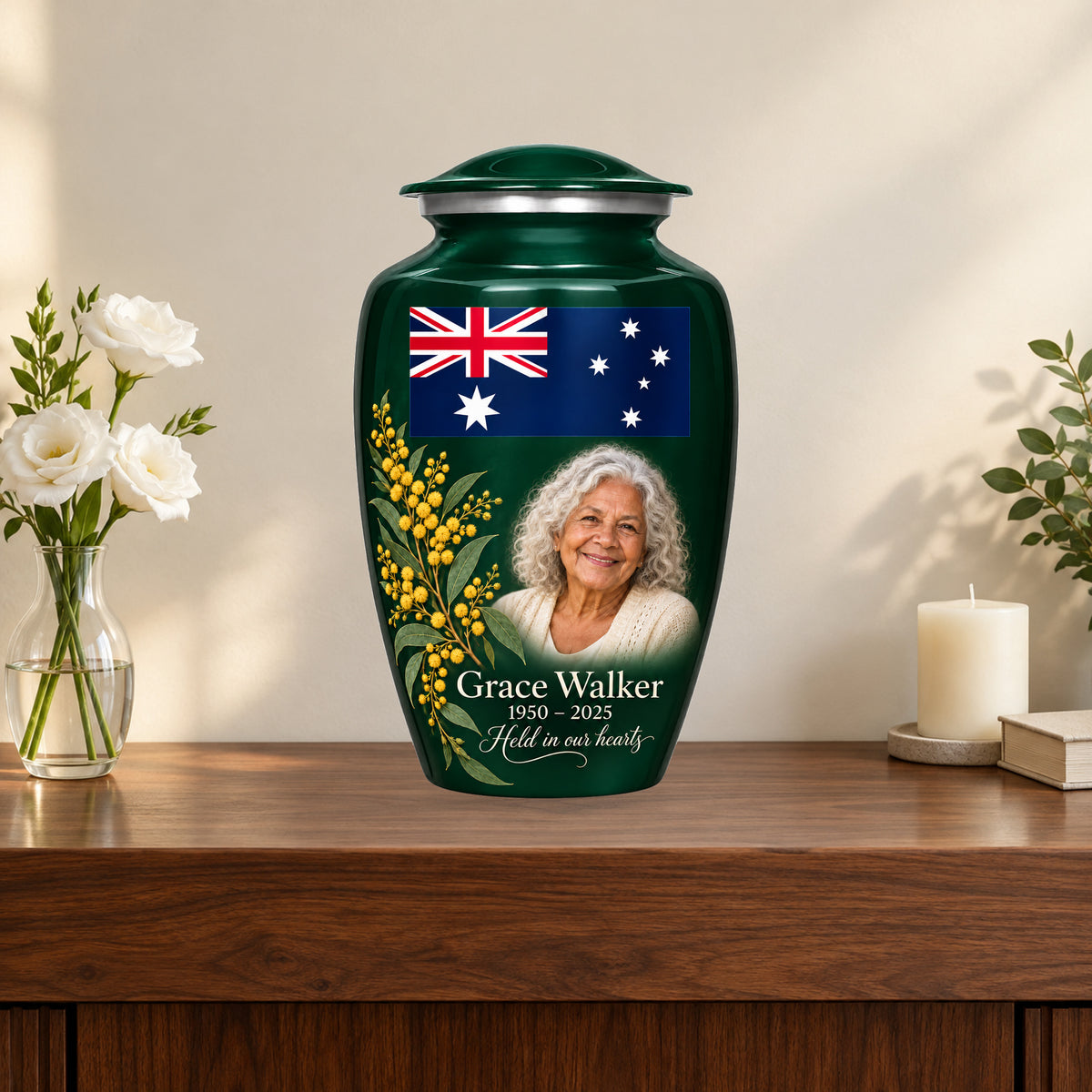 Emerald Green personalized Emerald Wattle Heritage Australian flag adult urn on a memorial console; decorative props are not included.