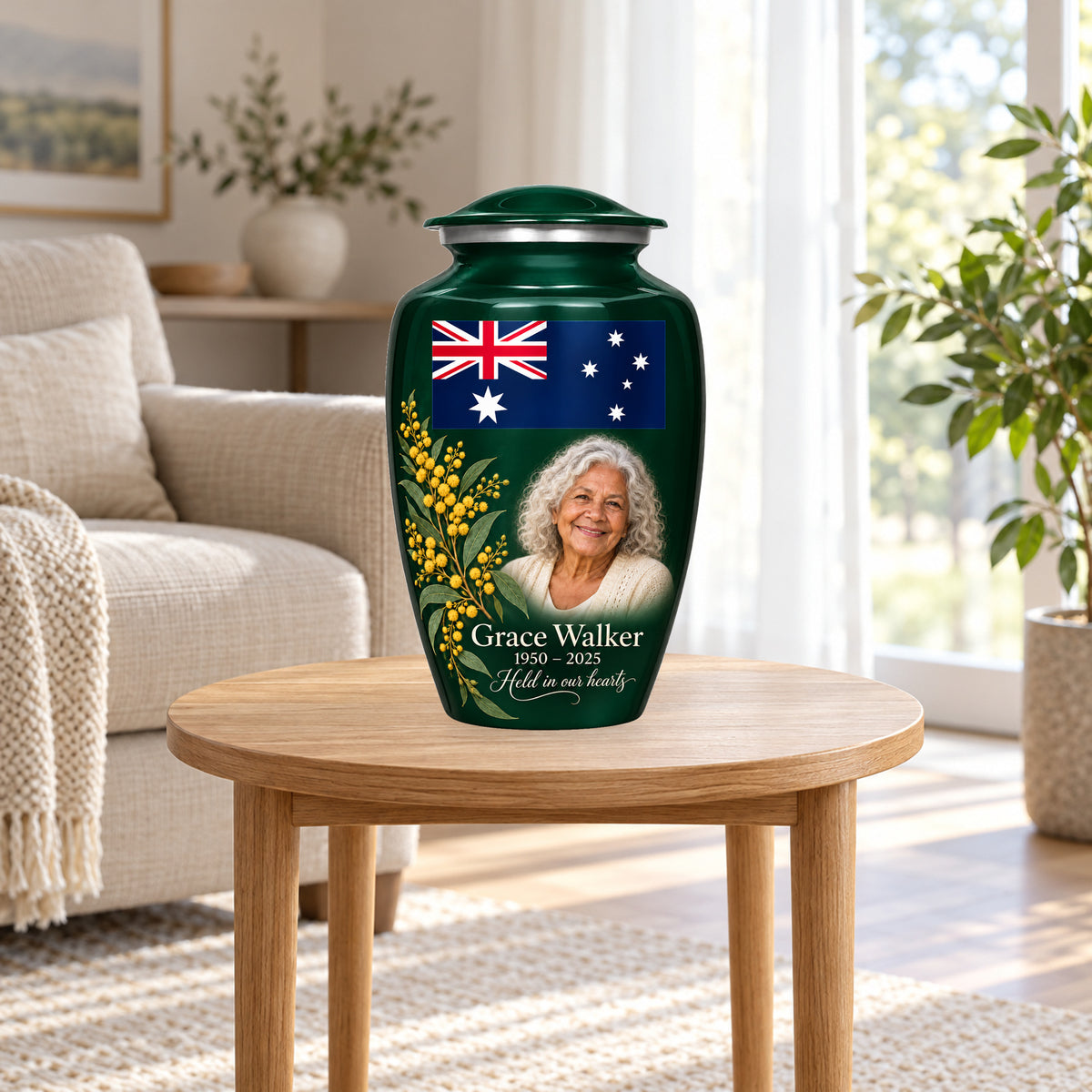 Emerald Green personalized Emerald Wattle Heritage Australian flag adult urn in a home display; decorative props are not included.