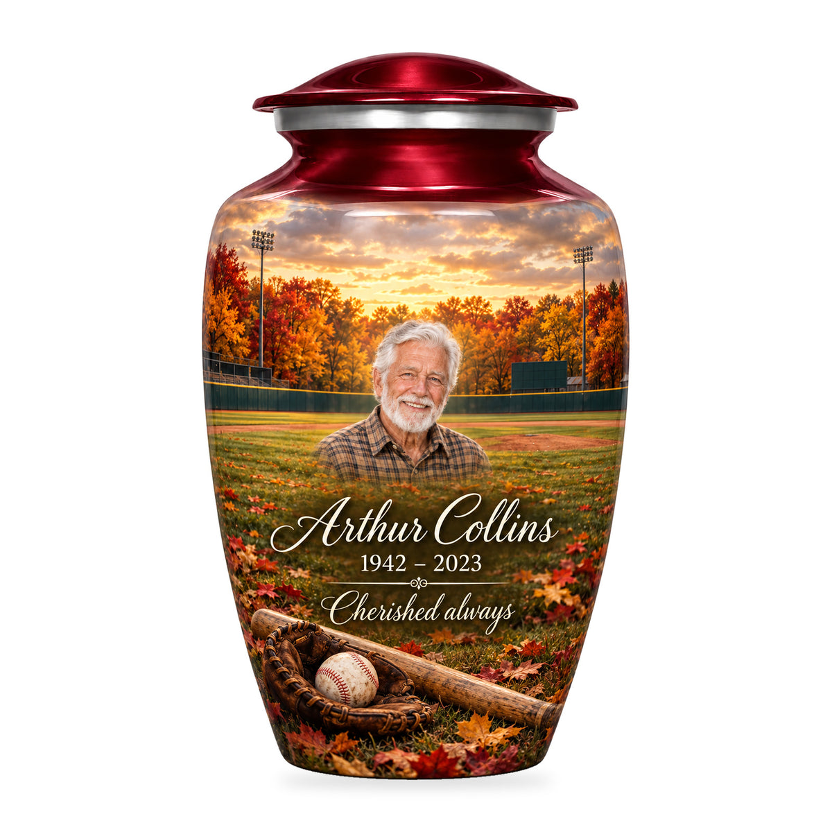 Burgundy adult Autumn Ballpark baseball urn with fictional portrait, name and dates; shoulder-to-base artwork on white.