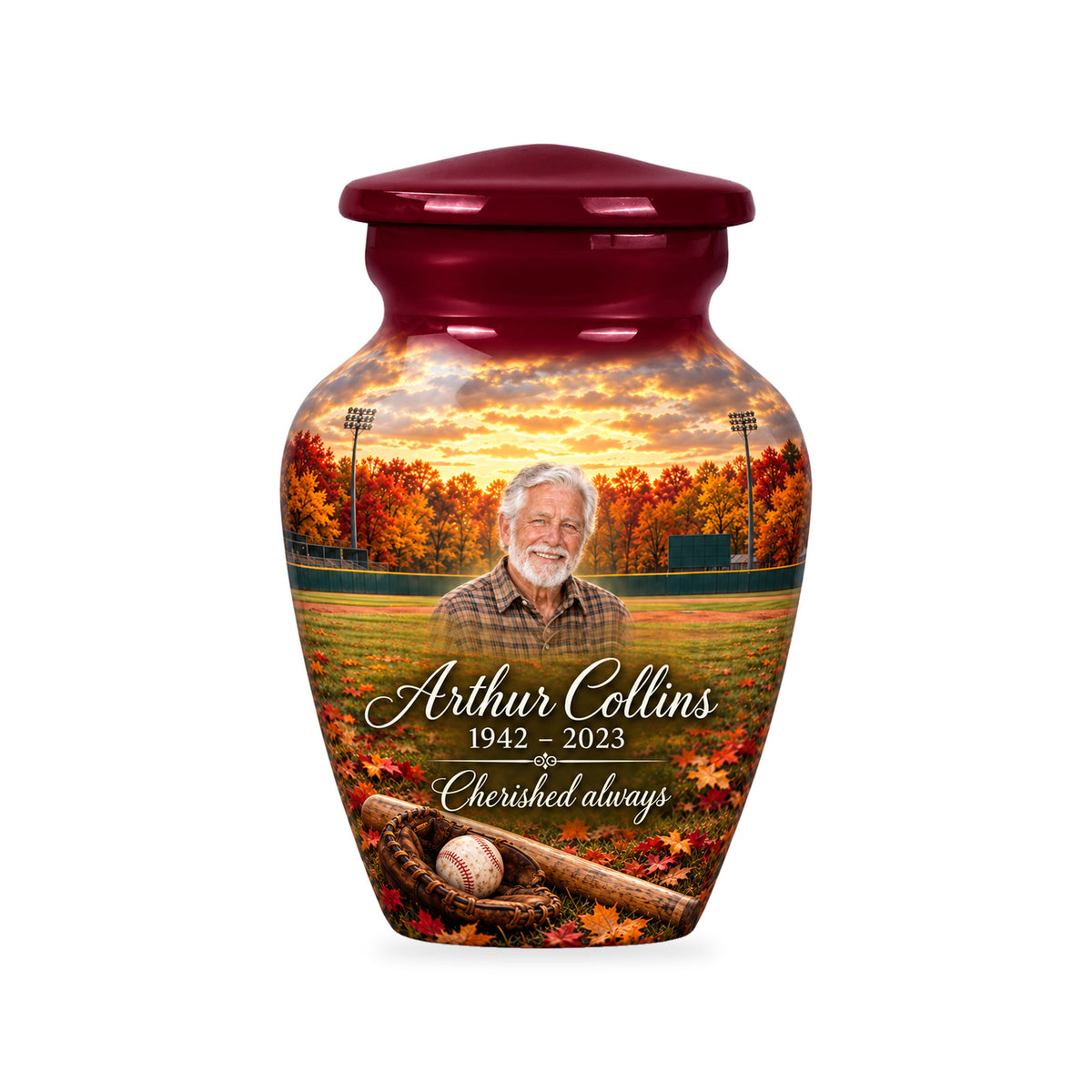 One ringless Autumn Ballpark 3-inch baseball keepsake with matching fictional portrait, name and dates.