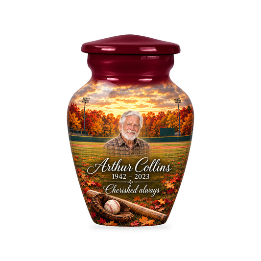 One ringless Autumn Ballpark 3-inch baseball keepsake with matching fictional portrait, name and dates.