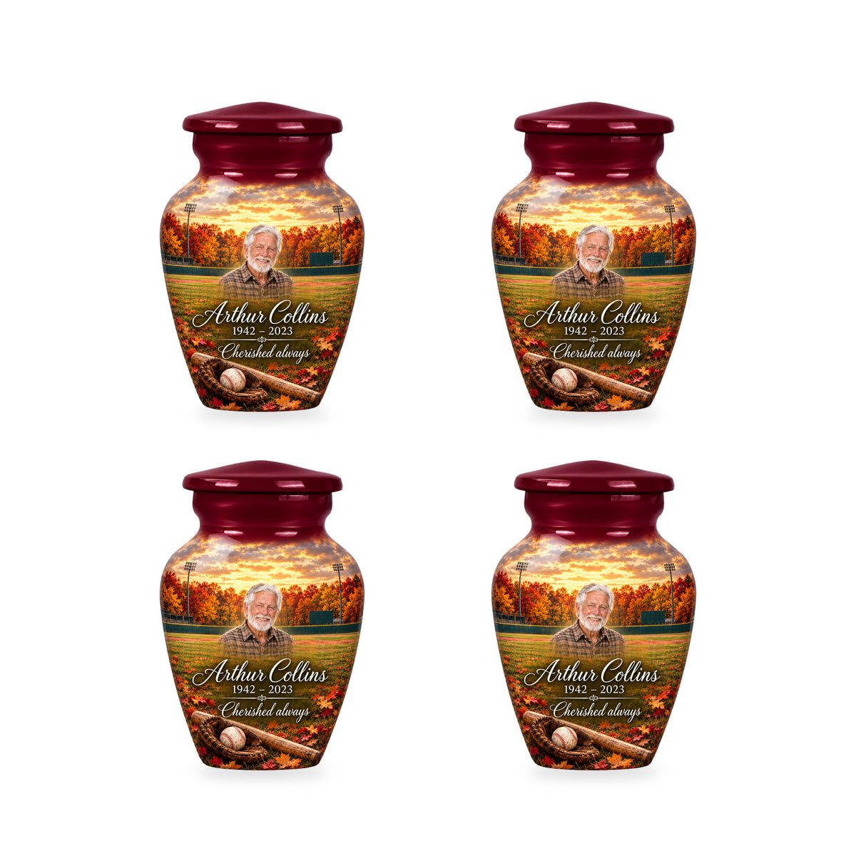 Four matching ringless Autumn Ballpark baseball keepsakes with fictional sample personalization.
