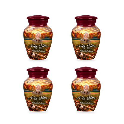 Four matching ringless Autumn Ballpark baseball keepsakes with fictional sample personalization.