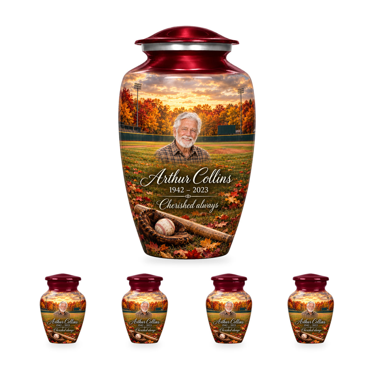One Autumn Ballpark adult baseball urn with four matching ringless keepsakes, showing 10-inch and 3-inch sizes together.