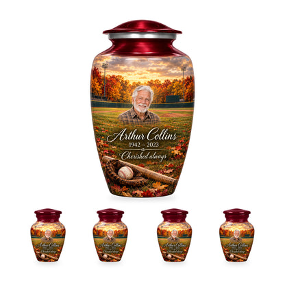 One Autumn Ballpark adult baseball urn with four matching ringless keepsakes, showing 10-inch and 3-inch sizes together.