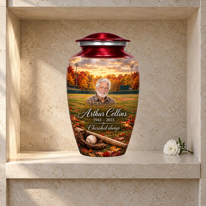 Autumn Ballpark adult baseball urn in a columbarium display; decorative props are not included.