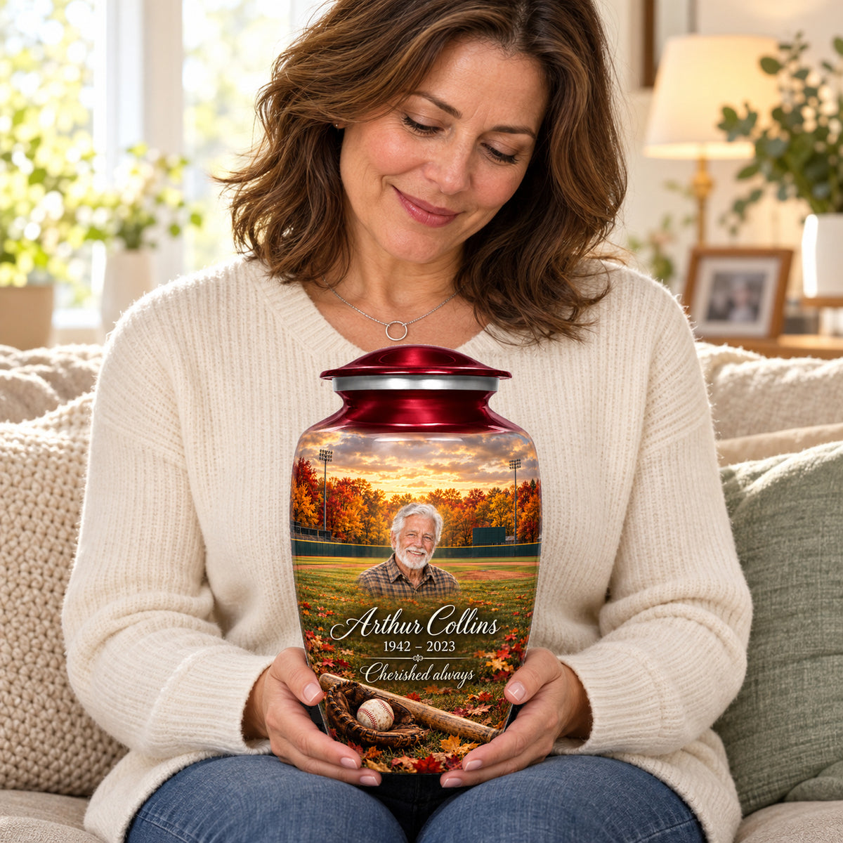 Seated person holding the adult Autumn Ballpark personalized baseball urn on their lap.