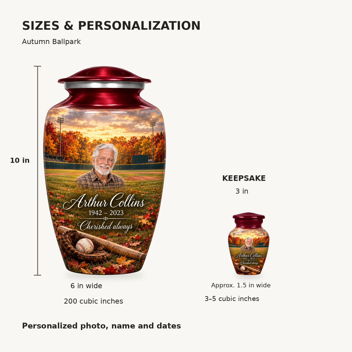 Size guide: adult 10 inches high, 6 inches widest, 200 cubic inches; keepsake 3 inches high, approximately 1.5 inches wide, 3–5 cubic inches.