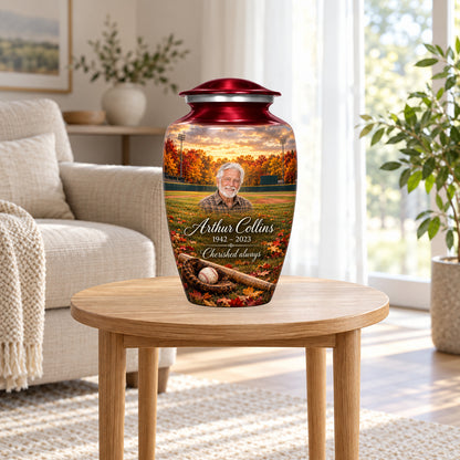 Autumn Ballpark adult personalized baseball urn in a home display; furniture and props not included.