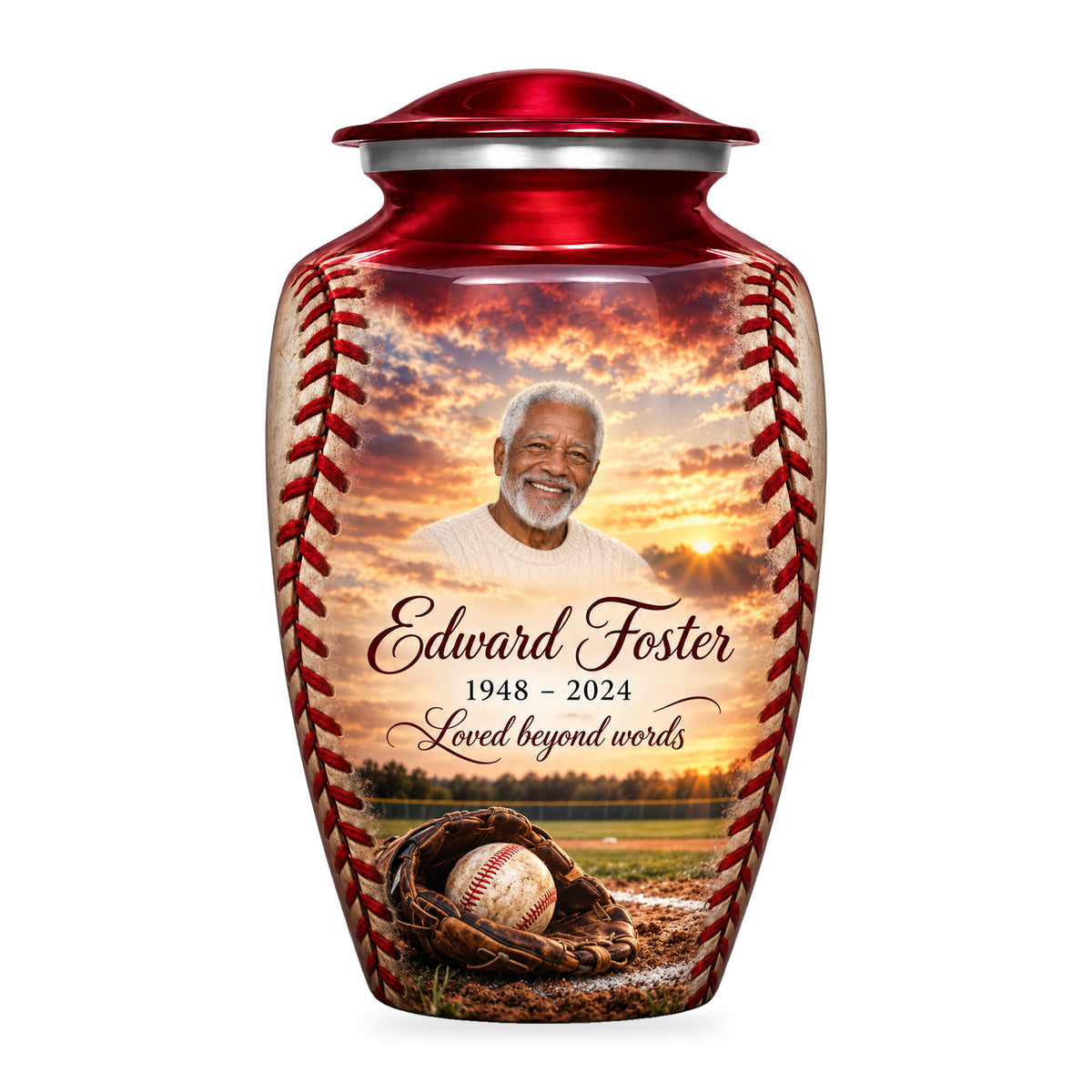 Crimson adult Crimson Stitch baseball urn with fictional portrait, name and dates; shoulder-to-base artwork on white.