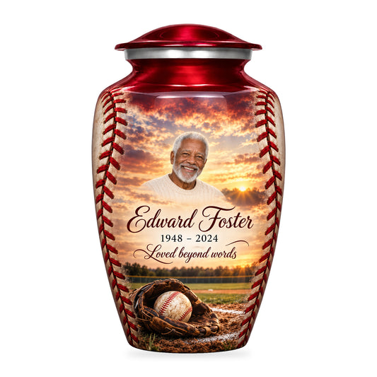 Crimson adult Crimson Stitch baseball urn with fictional portrait, name and dates; shoulder-to-base artwork on white.