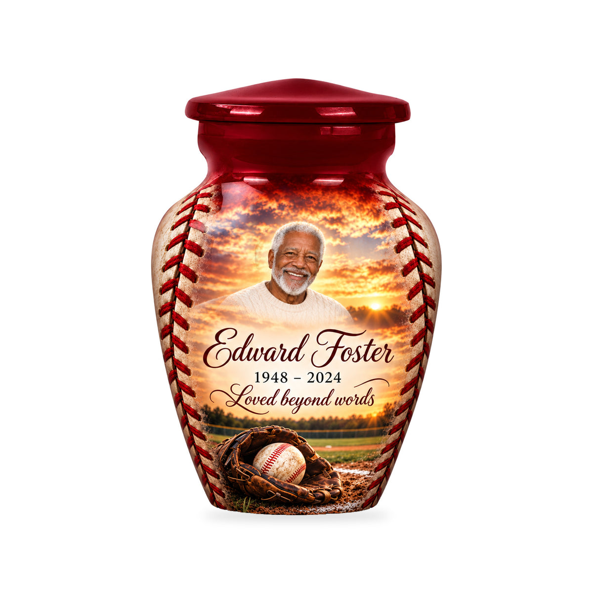 One ringless Crimson Stitch 3-inch baseball keepsake with matching fictional portrait, name and dates.