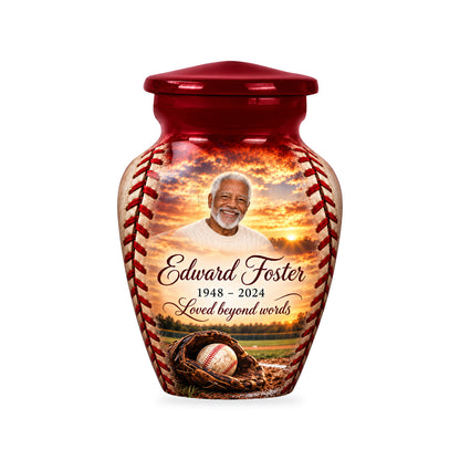 One ringless Crimson Stitch 3-inch baseball keepsake with matching fictional portrait, name and dates.