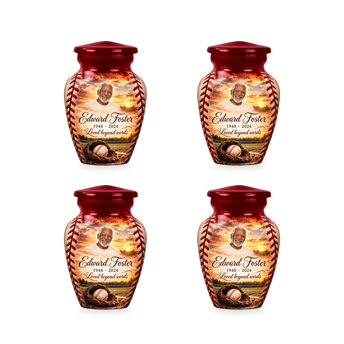 Four matching ringless Crimson Stitch baseball keepsakes with fictional sample personalization.