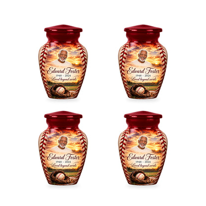 Four matching ringless Crimson Stitch baseball keepsakes with fictional sample personalization.