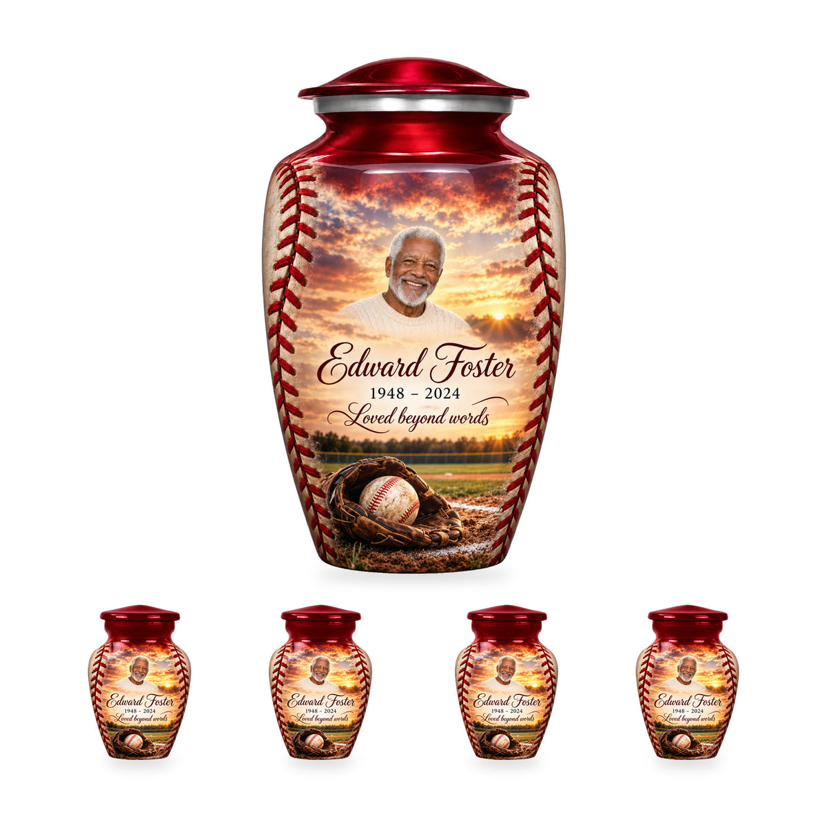 One Crimson Stitch adult baseball urn with four matching ringless keepsakes, showing 10-inch and 3-inch sizes together.