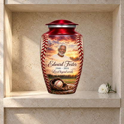 Crimson Stitch adult baseball urn in a columbarium display; decorative props are not included.