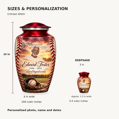 Size guide: adult 10 inches high, 6 inches widest, 200 cubic inches; keepsake 3 inches high, approximately 1.5 inches wide, 3–5 cubic inches.
