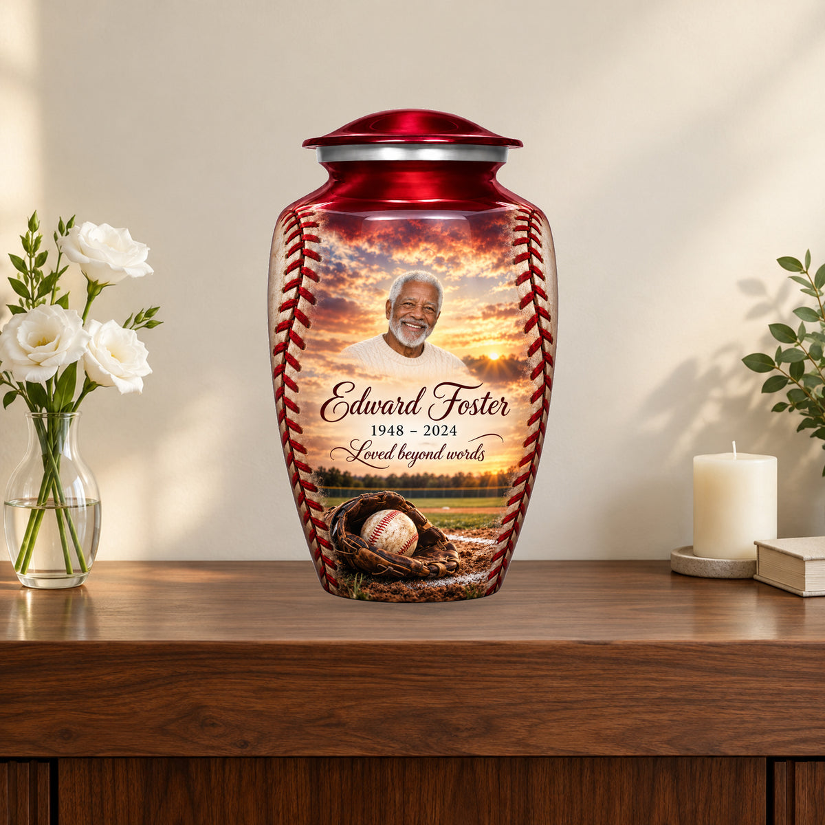 Crimson Stitch personalized baseball urn on a memorial console with flowers and candle; props not included.