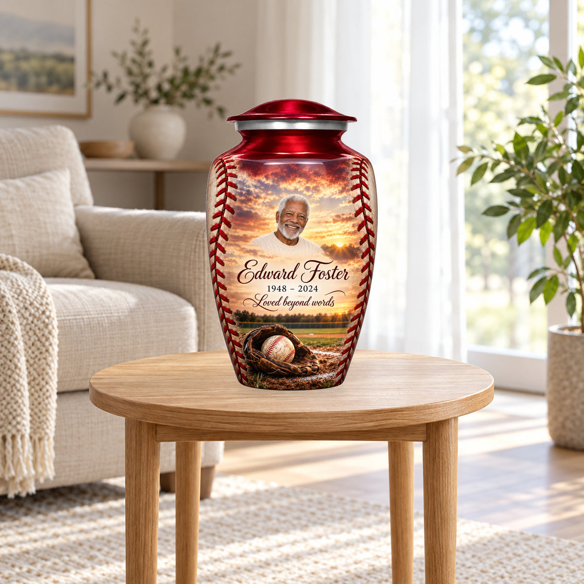 Crimson Stitch adult personalized baseball urn in a home display; furniture and props not included.