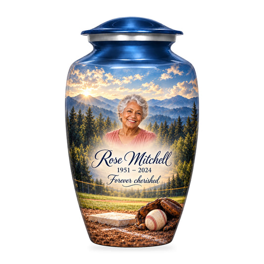 Slate Blue adult Mountain Ballpark baseball urn with fictional portrait, name and dates; shoulder-to-base artwork on white.