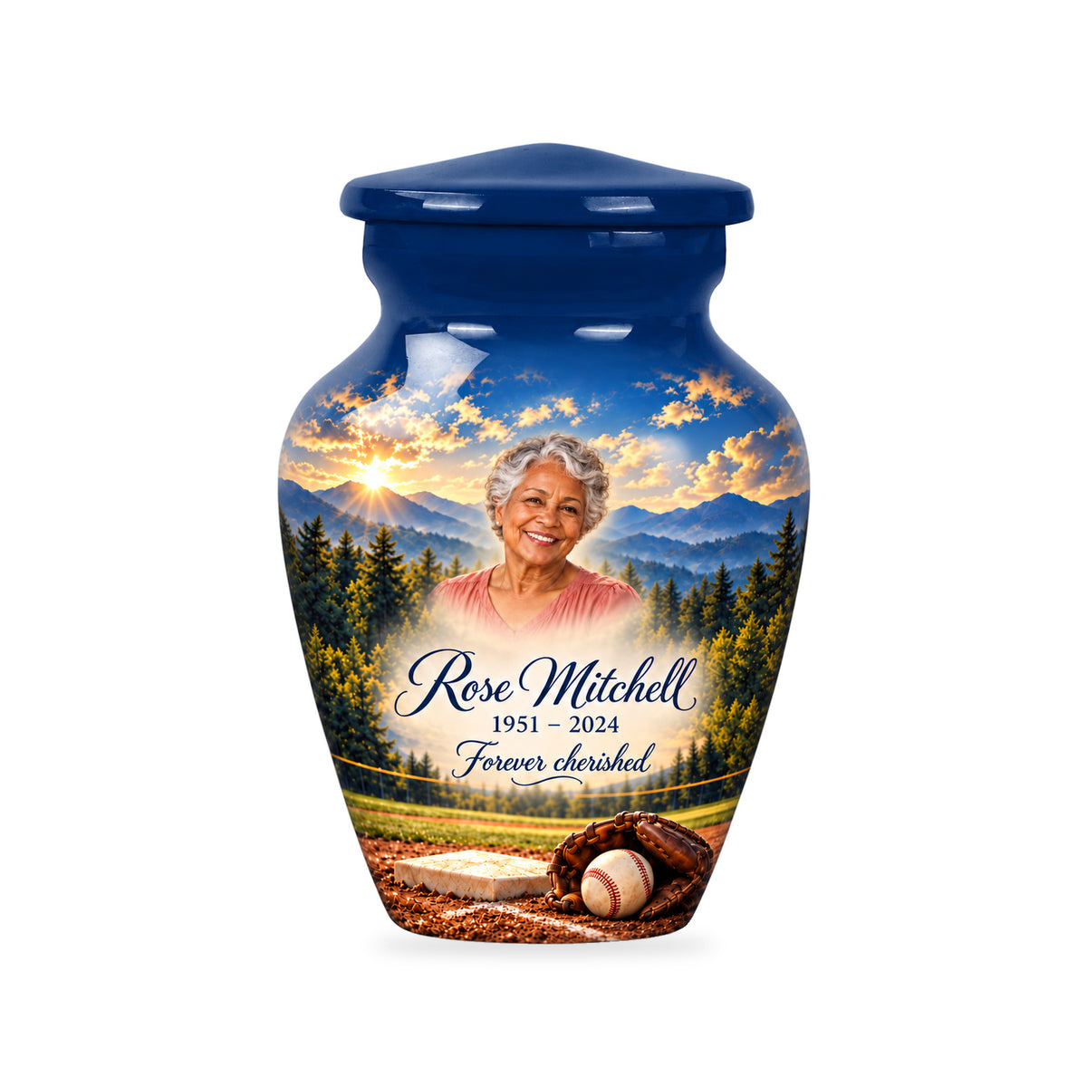 One ringless Mountain Ballpark 3-inch baseball keepsake with matching fictional portrait, name and dates.