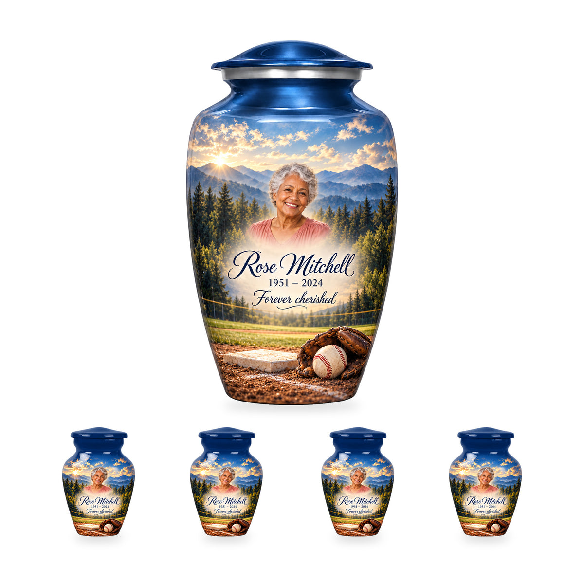 One Mountain Ballpark adult baseball urn with four matching ringless keepsakes, showing 10-inch and 3-inch sizes together.