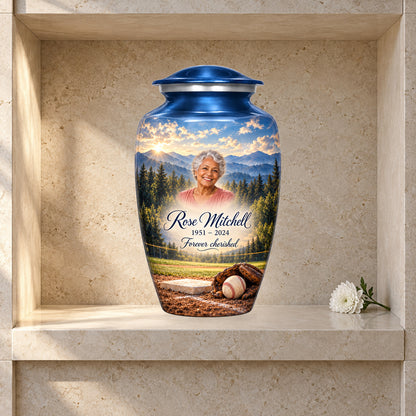 Mountain Ballpark adult baseball urn in a columbarium display; decorative props are not included.