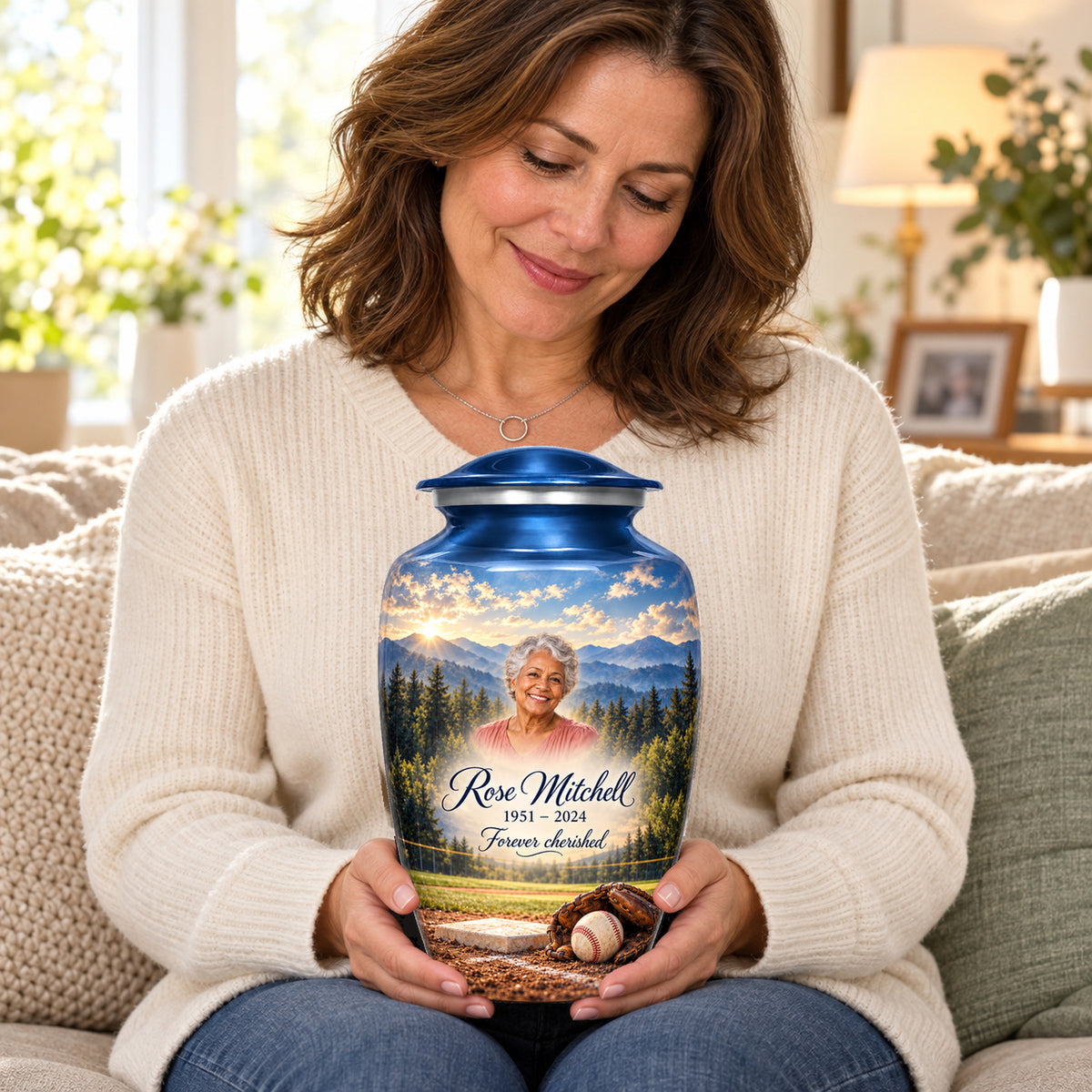 Seated person holding the adult Mountain Ballpark personalized baseball urn on their lap.