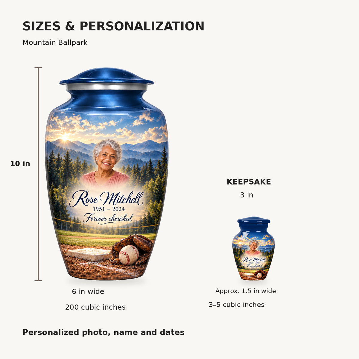 Size guide: adult 10 inches high, 6 inches widest, 200 cubic inches; keepsake 3 inches high, approximately 1.5 inches wide, 3–5 cubic inches.