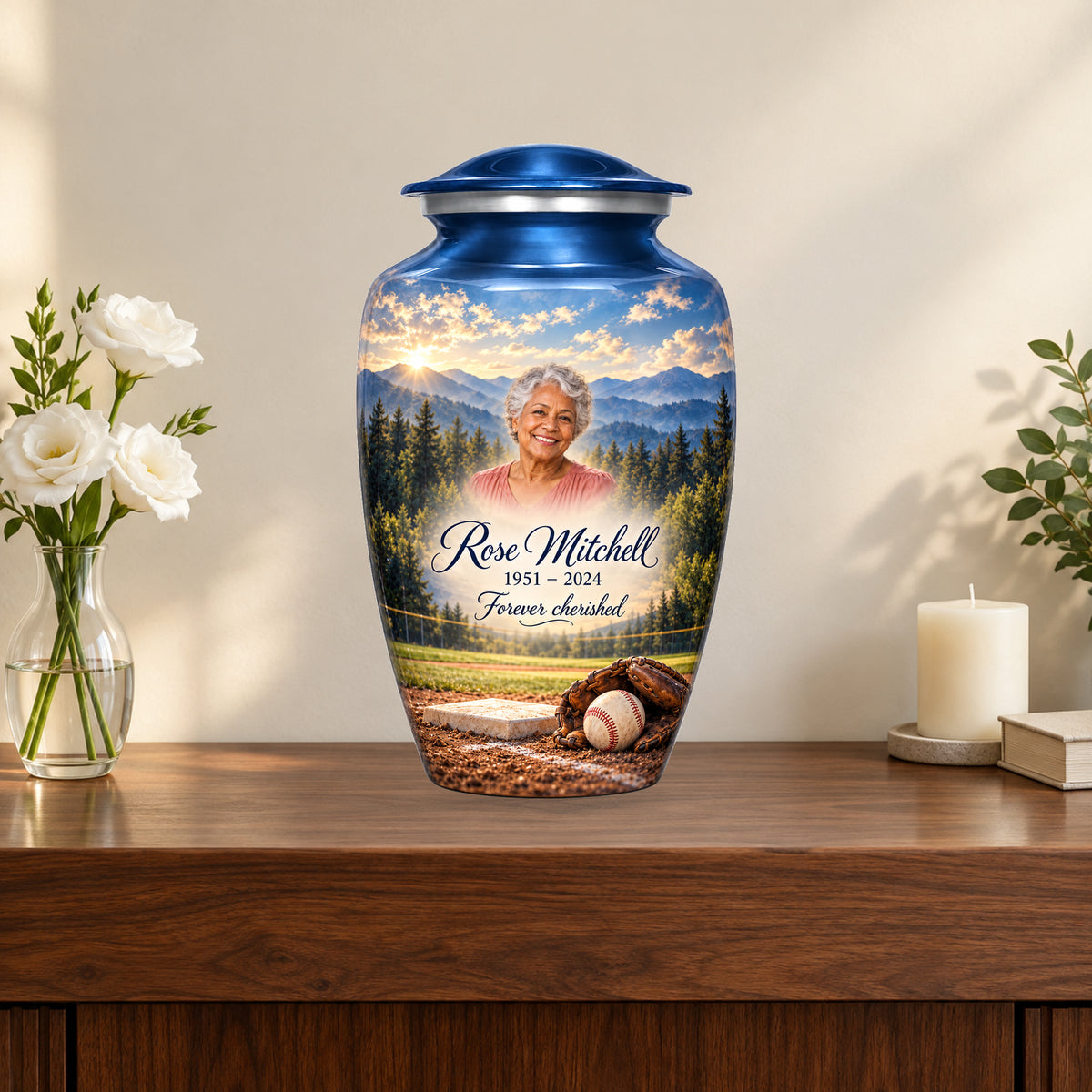 Mountain Ballpark personalized baseball urn on a memorial console with flowers and candle; props not included.