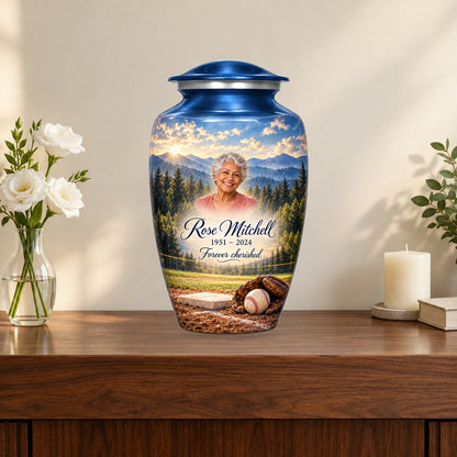 Mountain Ballpark personalized baseball urn on a memorial console with flowers and candle; props not included.