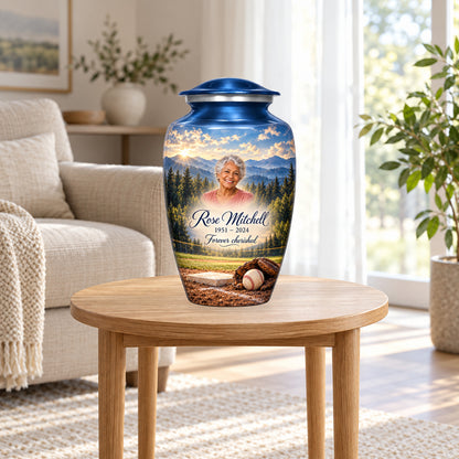 Mountain Ballpark adult personalized baseball urn in a home display; furniture and props not included.