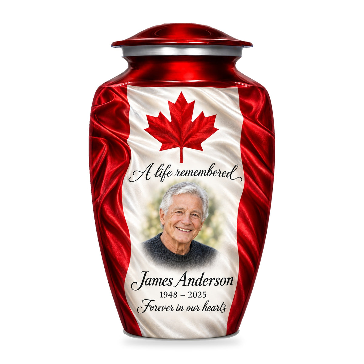 Red adult urn with Maple Silk Tribute Canadian flag artwork, fictional sample portrait and personalized inscription on white.