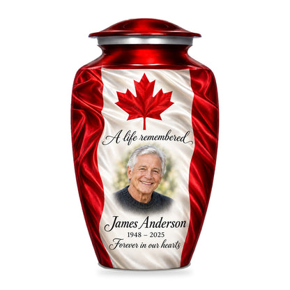 Red adult urn with Maple Silk Tribute Canadian flag artwork, fictional sample portrait and personalized inscription on white.