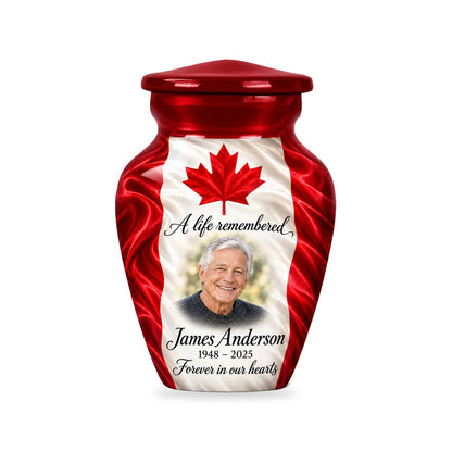 One matching red ringless 3-inch keepsake with Maple Silk Tribute Canadian flag artwork, sample photo and text.