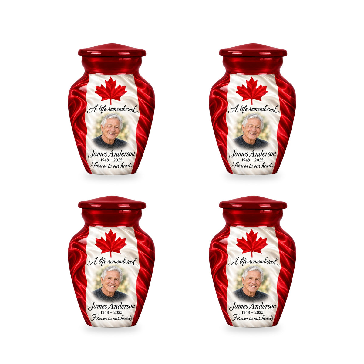 Four matching red Canadian flag keepsake urns with sample photo and inscription.