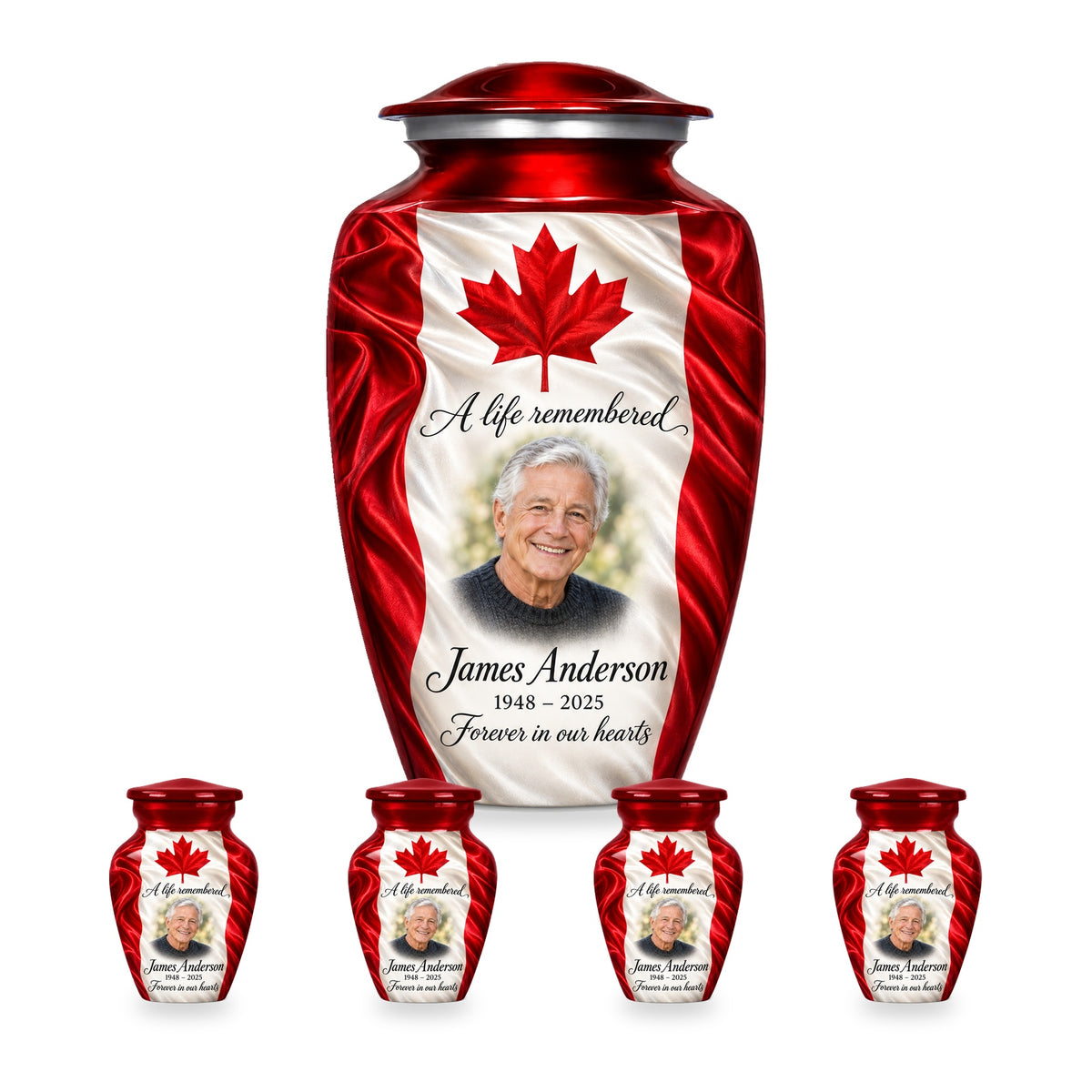 Red adult Canadian flag urn with four matching keepsakes in proportional 10-inch and 3-inch sizes.