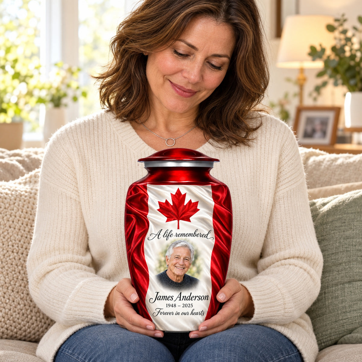 Seated person holding the red adult Canadian flag urn on their lap.